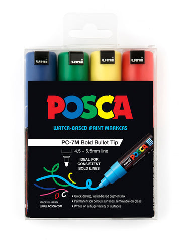 Posca Paint Marker PC-7M 4.5-5.5mm Bullet Tip 4 Piece Pack Primary Colour