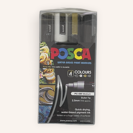 Posca Paint Marker PC-5M 1.8-2.5mm Bullet Tip 4 Piece Pack Black/White/Gold/Silver