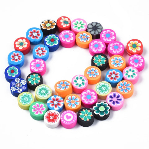 BS0120 Bead Strand Polymer Clay Flat Round Flower 9-10x4mm Approximately 40 Pieces Per Strand