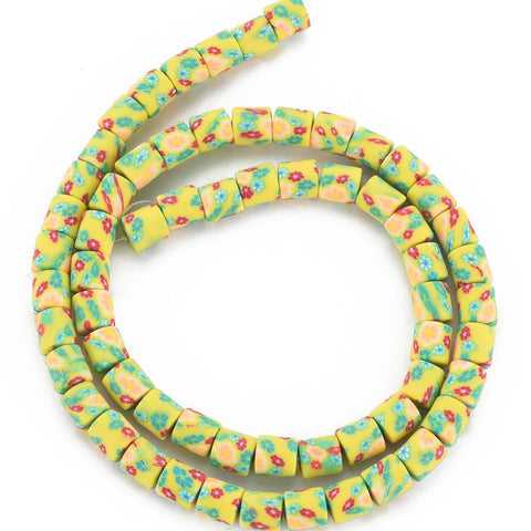 BS0126 Bead Strand Polymer Clay Column Yellow Floral Pattern 6x5mm Approximately 63 Pieces Per Strand