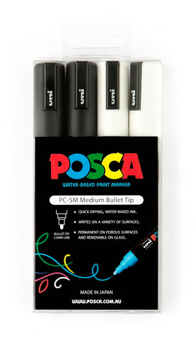 Posca Paint Marker PC-5M 1.8-2.5mm Bullet Tip 4 Piece Pack Black / White Colour