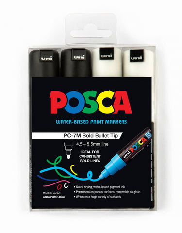 Posca Paint Marker PC-7M 4.5-5.5mm Bullet Tip 4 Piece Pack Black / White Colour