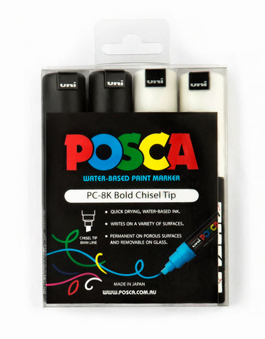Posca Paint Marker PC-8K 8mm Chisel Tip 4 Piece Pack Black / White Colours