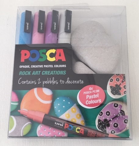 Posca Paint Marker PC-3M 0.9-1.3mm Bullet Tip 4 Piece Pastels Pack With 2 Pebbles