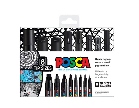 Posca Paint Marker 8PC Mixed Tip Size Set Black