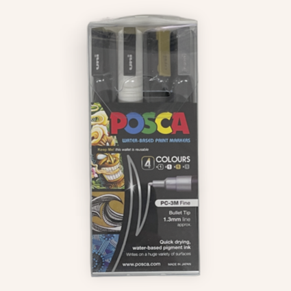 Posca Paint Marker PC-3M 0.9-1.3mm Bullet Tip 4 Piece Pack Black/White/Gold/Silver