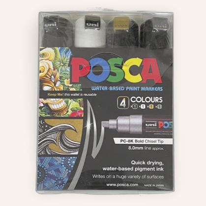 Posca Paint Marker PC-8K 8mm Chisel Tip 4 Piece Pack Black/White/Gold/Silver