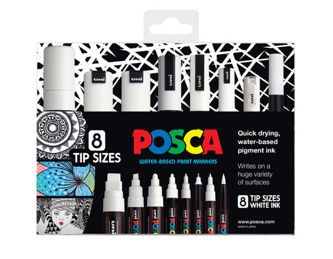 Posca Paint Marker 8PC Mixed Tip Size Set White