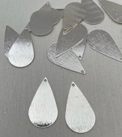 Brass Charm #9 Textured Drop (2 Pieces) 26x14mm 1 Hole Bright Silver Colour Plated