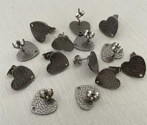 304 Stainless Steel Dark Silver Colour 12x13mm Textured Heart Earring Post with Back 1 Hole Pair