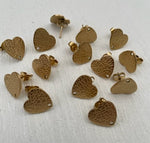 304 Stainless Steel Golden Colour 12x13mm Textured Heart Earring Post with Back 1 Hole Pair