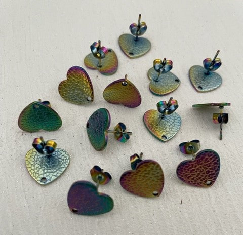 304 Stainless Steel Multi Colour 12x13mm Textured Heart Earring Post with Back 1 Hole Pair
