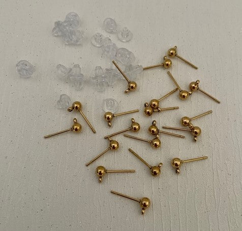 10 Pairs 4mm Golden Colour 304 Stainless Steel Ball Drop Earring Stud Post w/ Premium Rubber Back