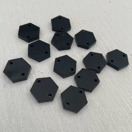 Laser Cut Acrylic Black Gloss Hexagon 16mm  x 14mm 2 Tag Hole Pair